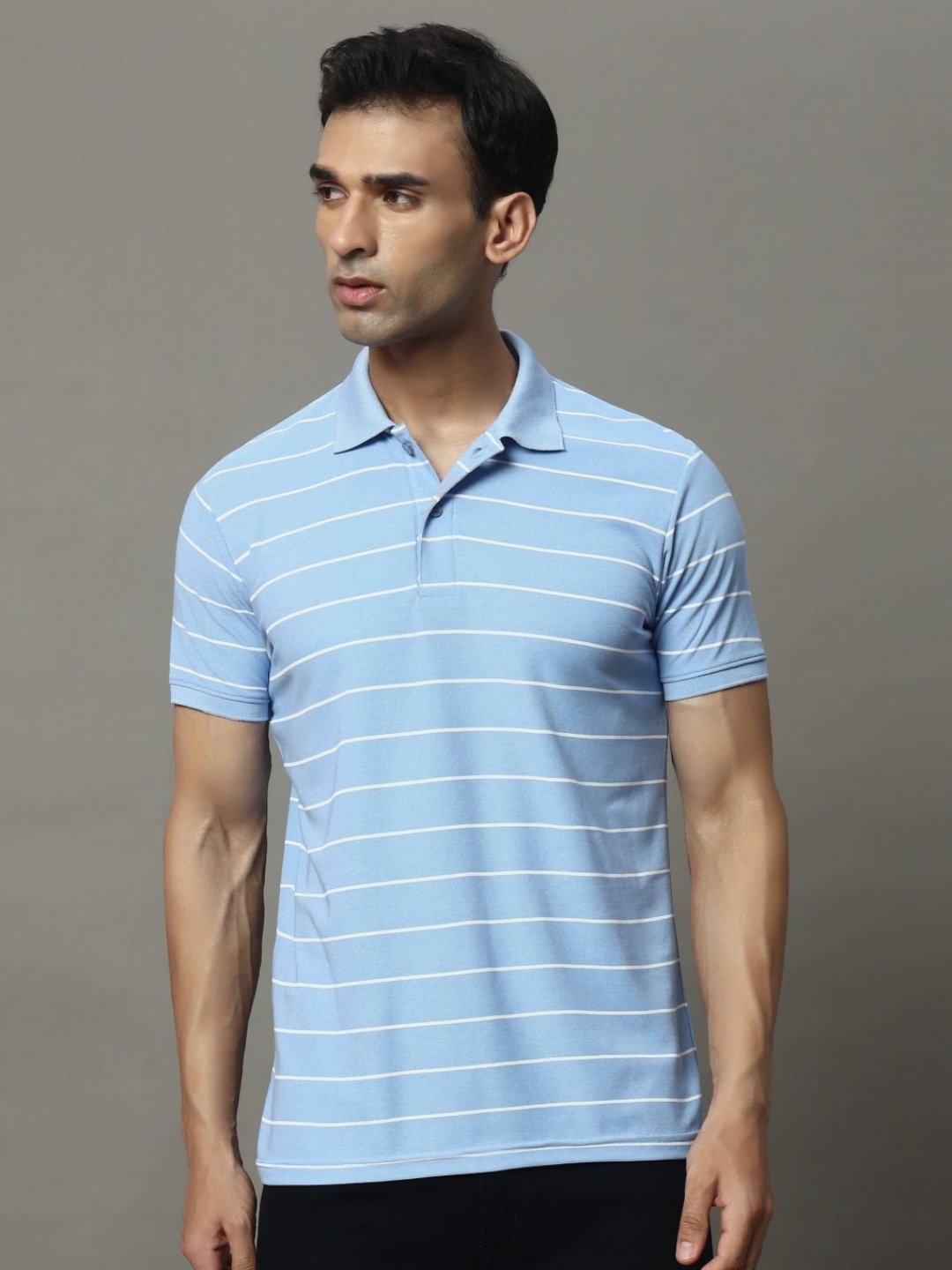 

OGEN Men Striped Polo Collar Pockets T-shirt, Blue