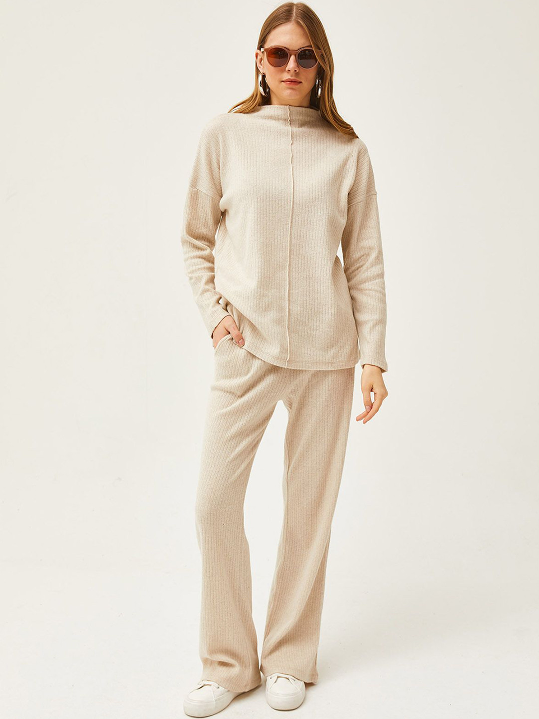 

Olalook Ribbed Pure Cotton T-shirt With Trousers, Cream