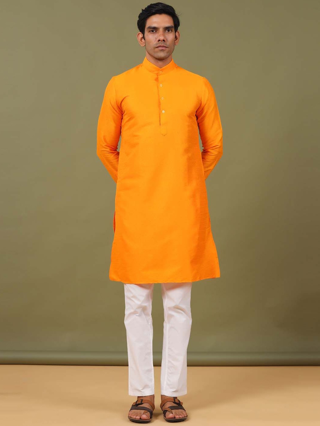 

Tistabene Mandarin Collar Long Sleeves Silk Straight Kurta, Orange