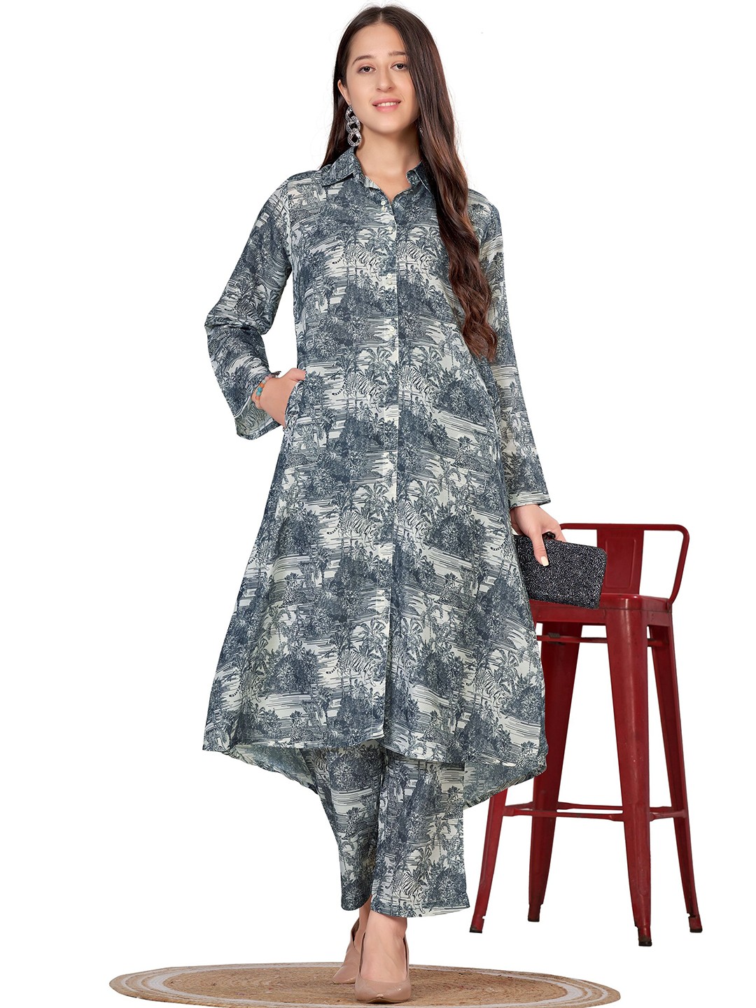 

FAB GALAXY Women Animal Printed Regular Beads and Stones Kurta with Trousers, Grey