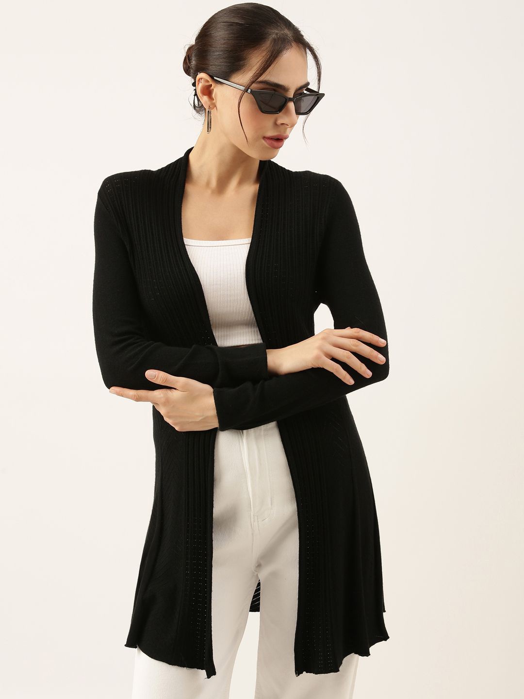 

SHOWOFF Self Design Open Front Longline Shrug, Black