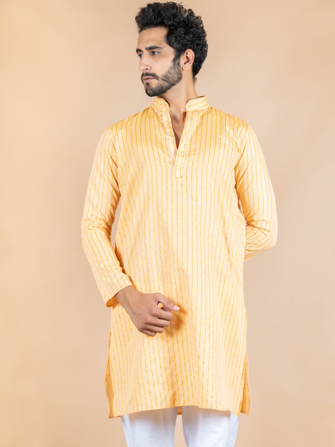 

Tistabene Striped Mandarin Collar Cotton Silk Straight Kurta, Orange