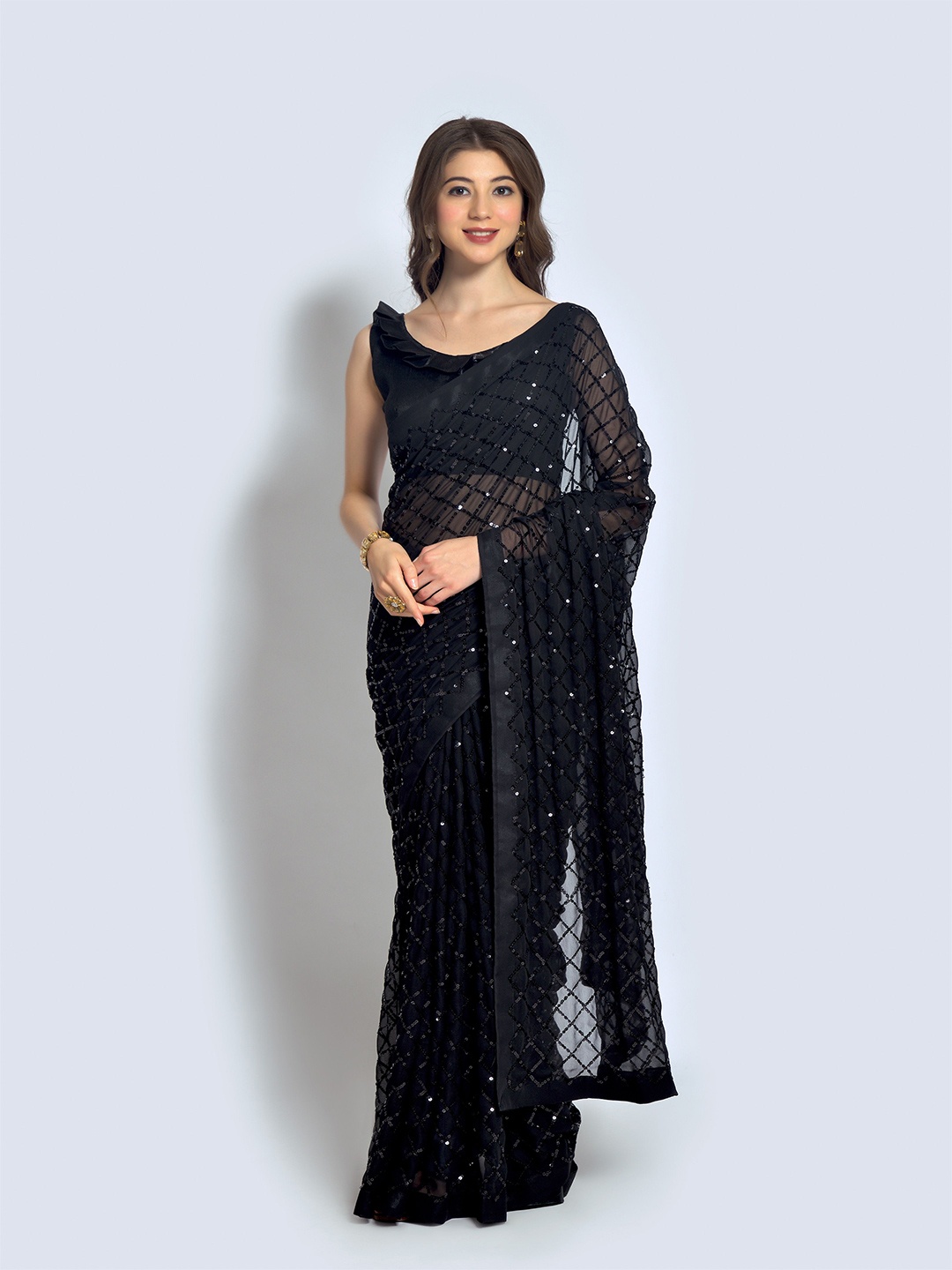 

Anouk Checked Sequinned Poly Georgette Saree, Black