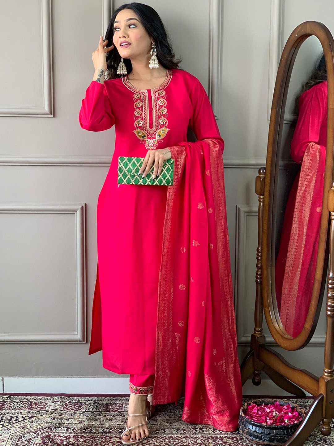 

THE52 Floral Embroidered Chanderi Silk Straight Kurta with Trousers & With Dupatta, Red