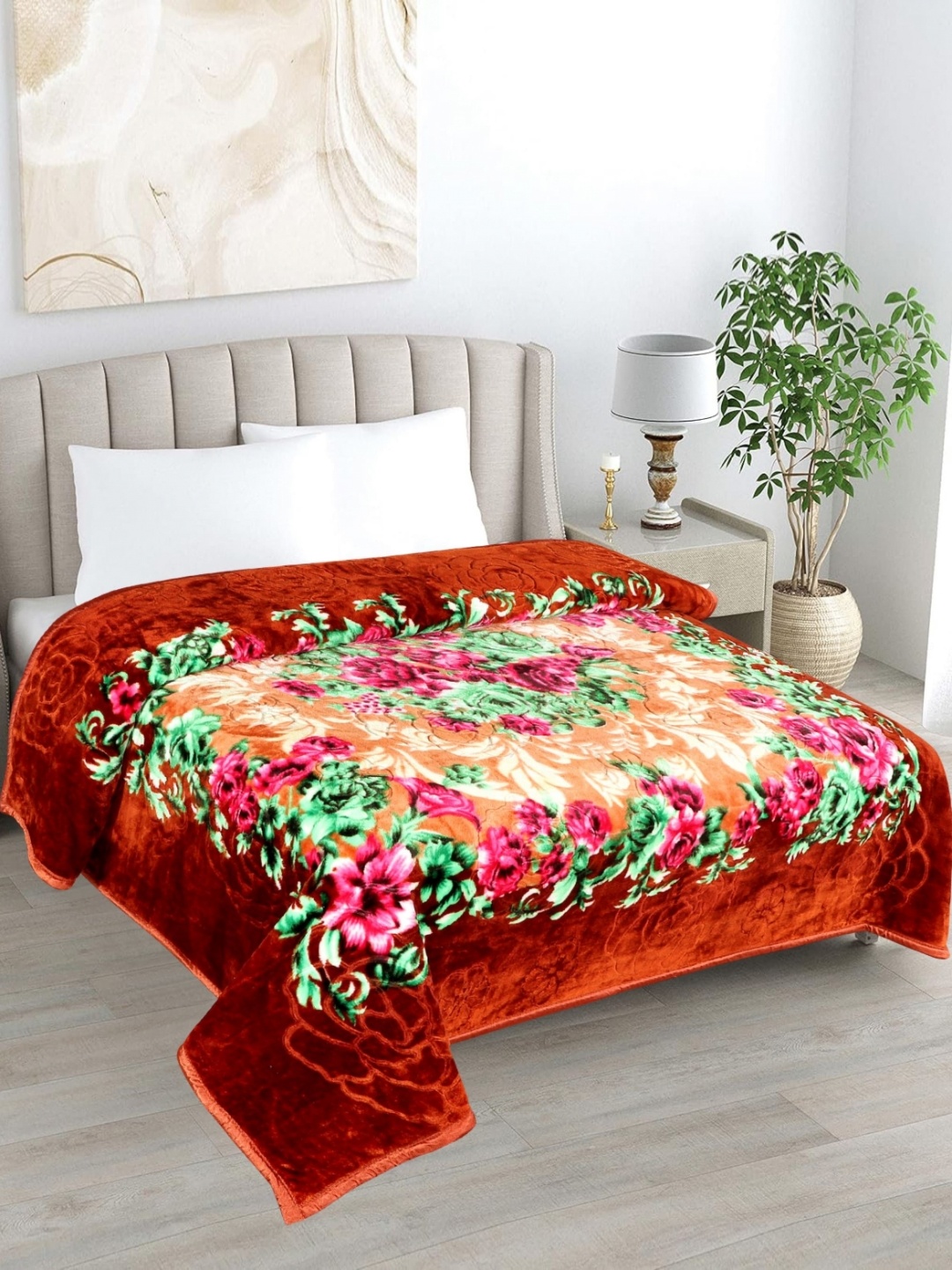 

LA VERNE Maroon & Pink Floral Printed Mink Heavy Winter 500 GSM Double Bed Blanket