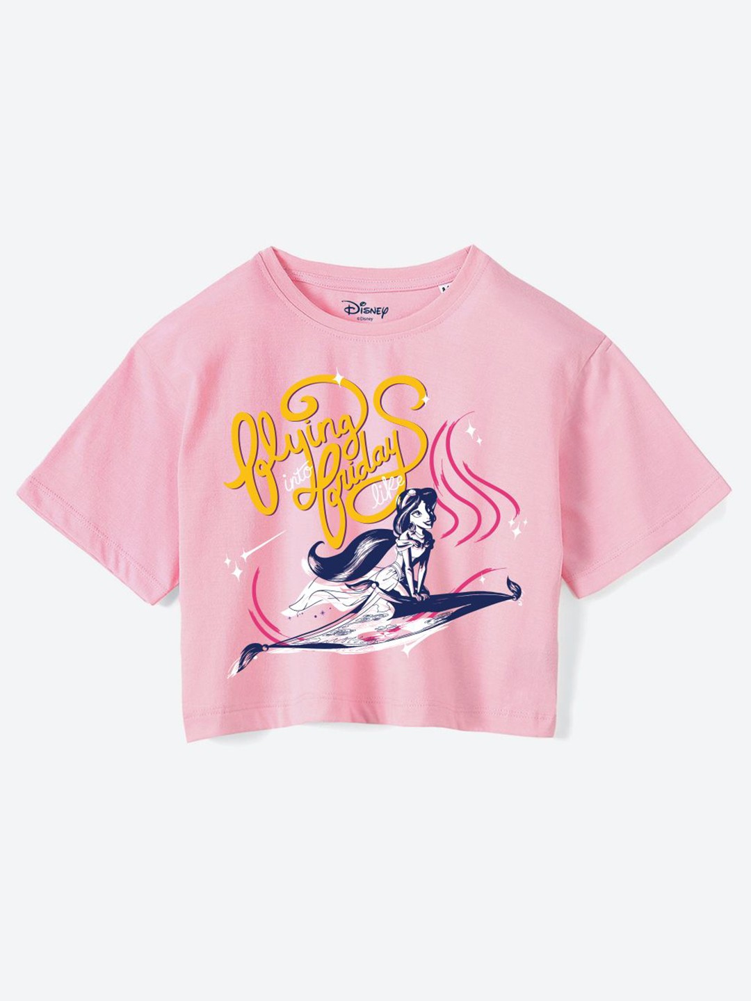 

YK Disney Girls Printed Pure Cotton Applique Boxy T-shirt, Pink