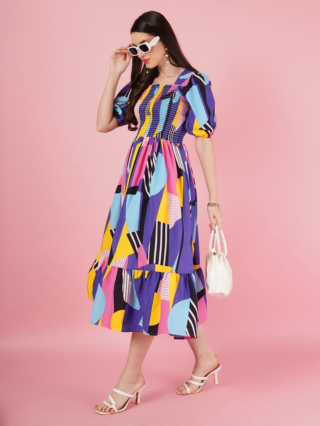 

Femvy Print Puff Sleeve Fit & Flare Dress, Multi