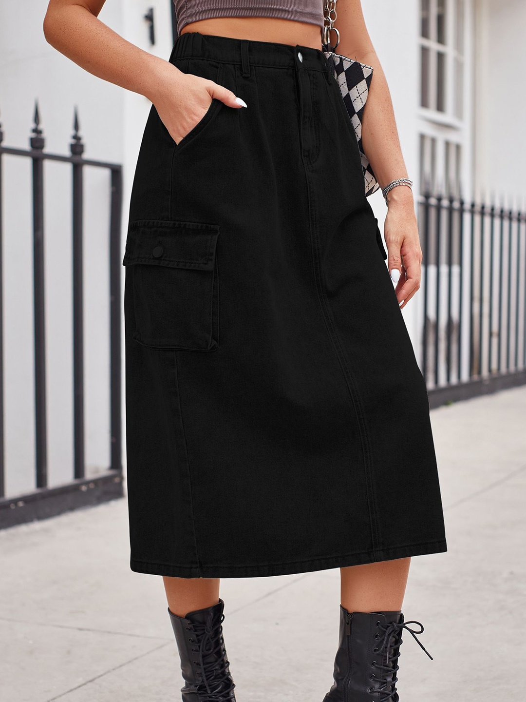 

StyleCast Denim Straight Midi Skirt, Black