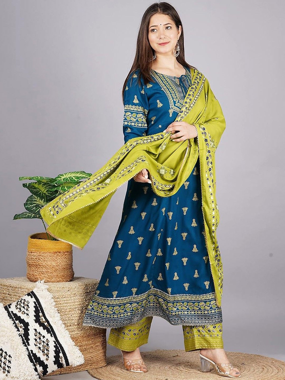 

Parth Fab Ethnic Motifs Embroidered Thread Work Anarkali Kurta With Trousers & Dupatta, Blue