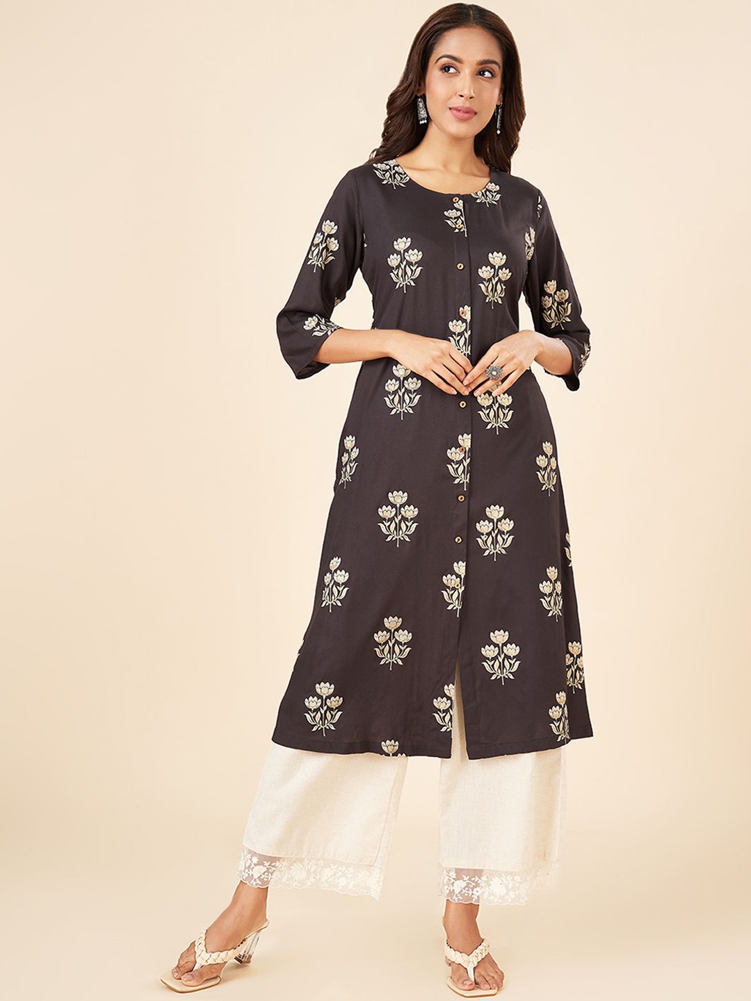 

RANGMANCH BY PANTALOONS Floral Printed Anarkali Kurta, Olive