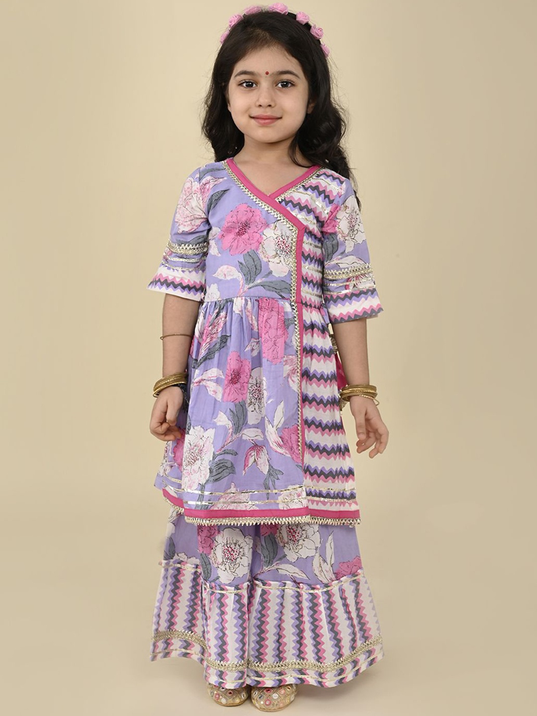 

LIL PITAARA Girls Floral Printed Angrakha Gotta Patti Pure Cotton Kurti with Sharara, Purple