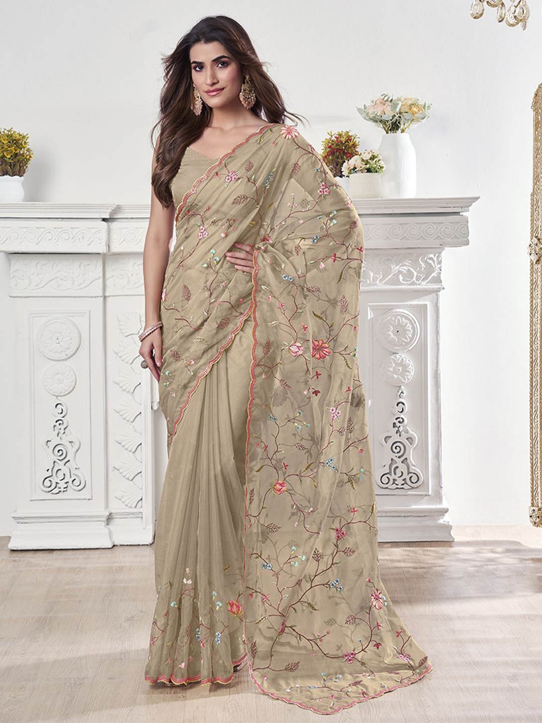 

Inddus Floral Embroidered Organza Heavy Work Saree, Beige