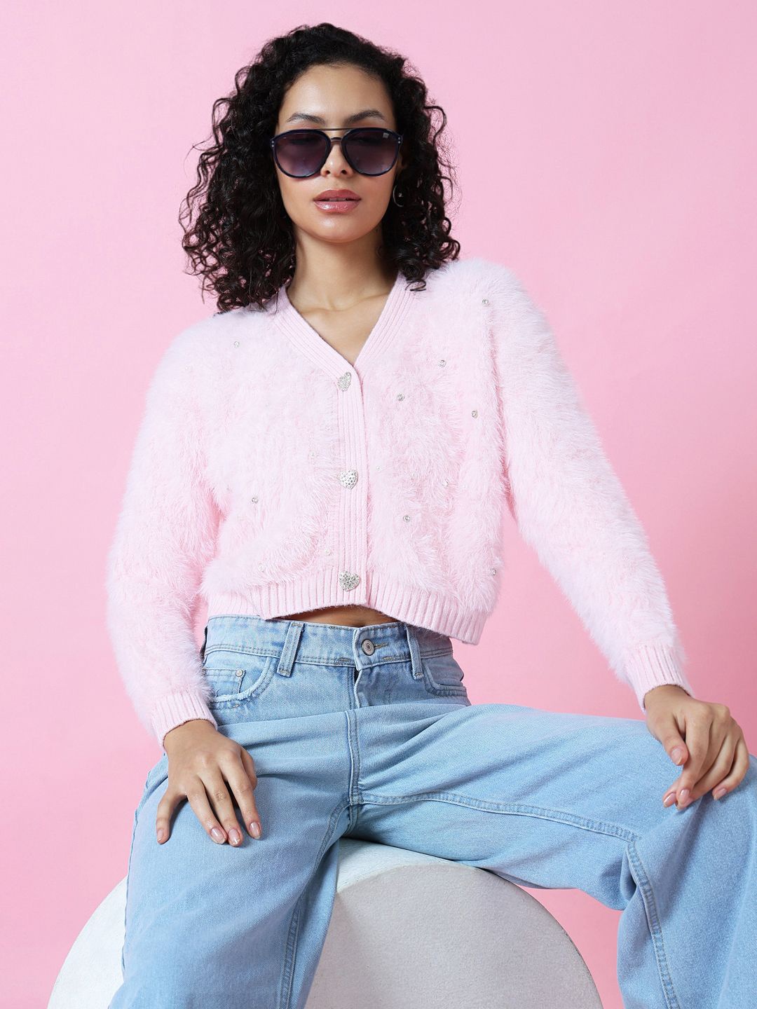 

SHOWOFF Women Crop Cardigan with Fuzzy Detail, Pink