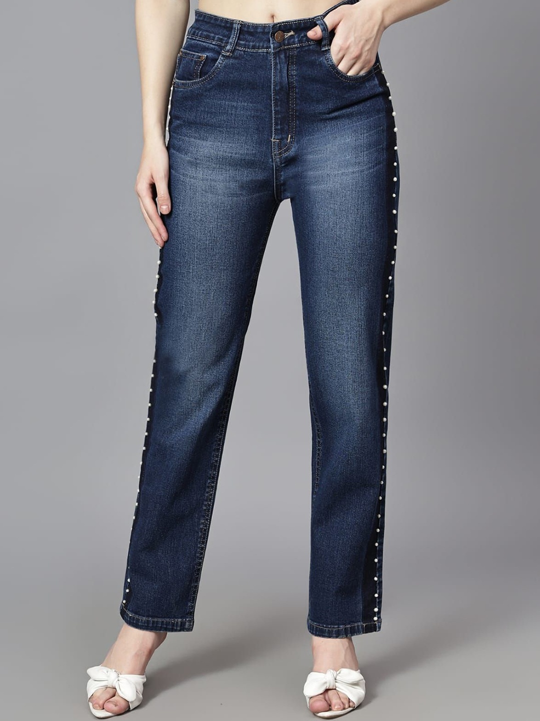 

FASHIONFIBRE Women Straight Fit High-Rise Light Fade Stretchable Jeans, Blue