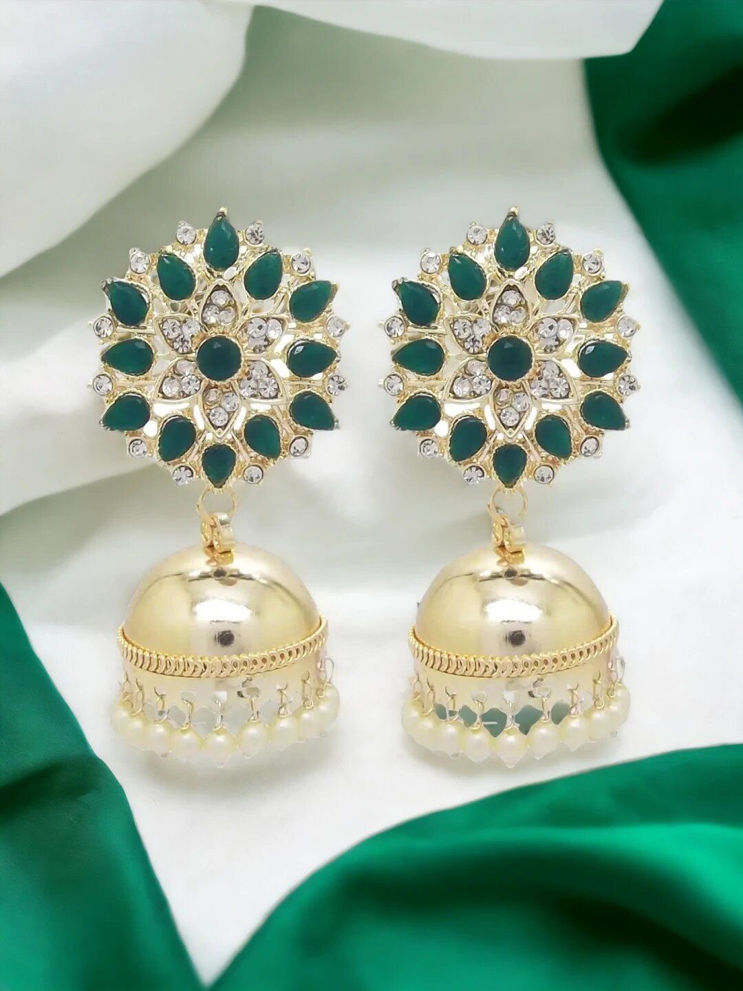 

9blings Floral Jhumkas Earrings, Green