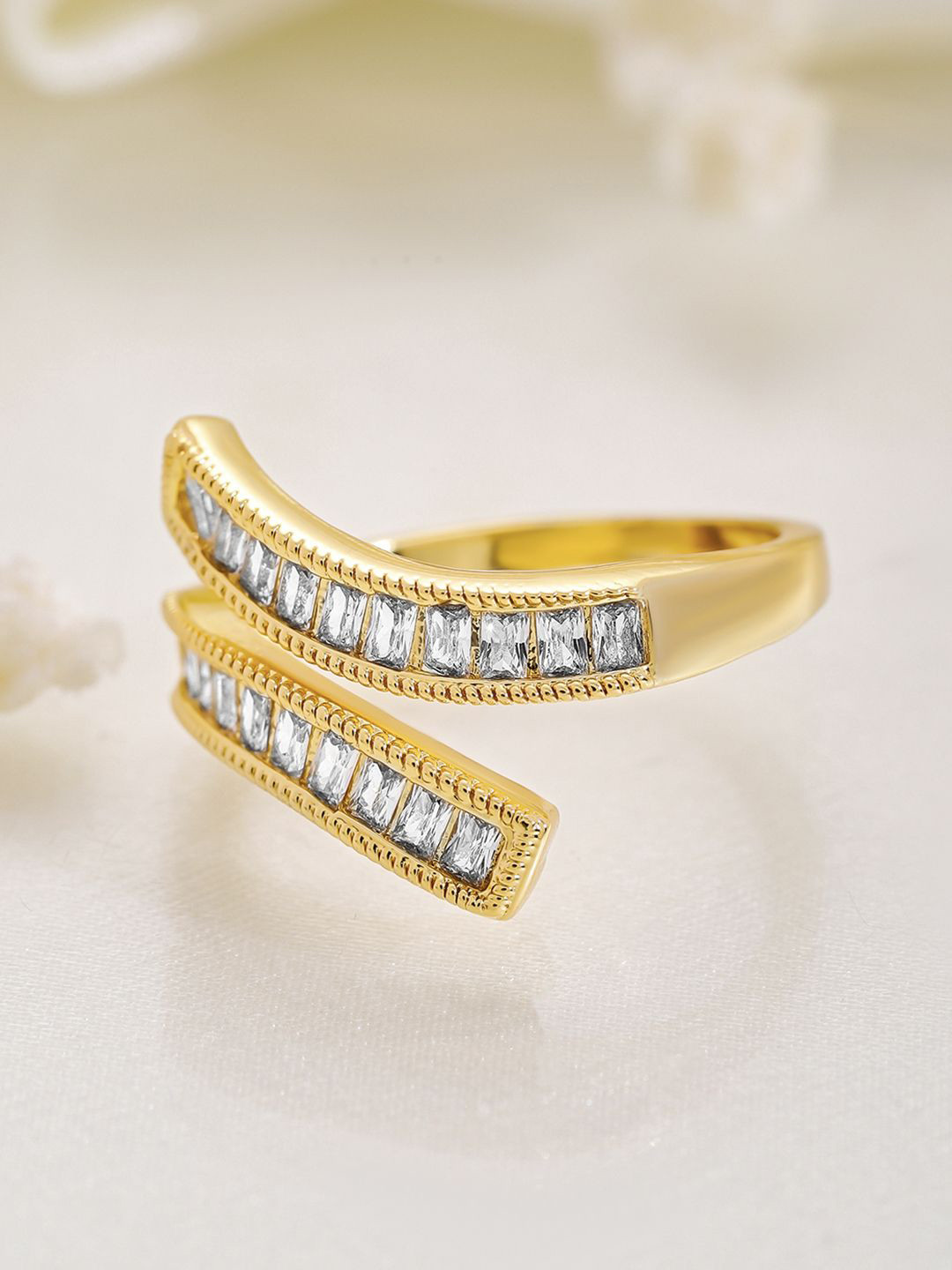 

Rubans 18K Gold Plated Baguette-Cut Cubic Zirconia Studded Adjustable Finger Ring