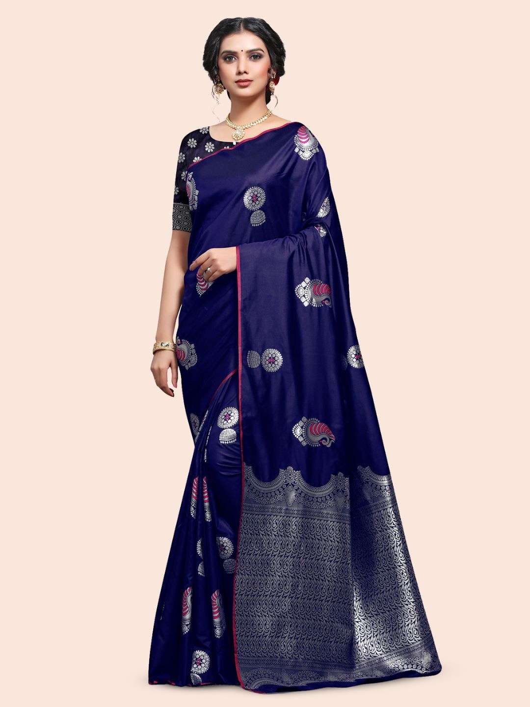 

HERE&NOW Woven Design Zari Art Silk Banarasi Saree, Navy blue