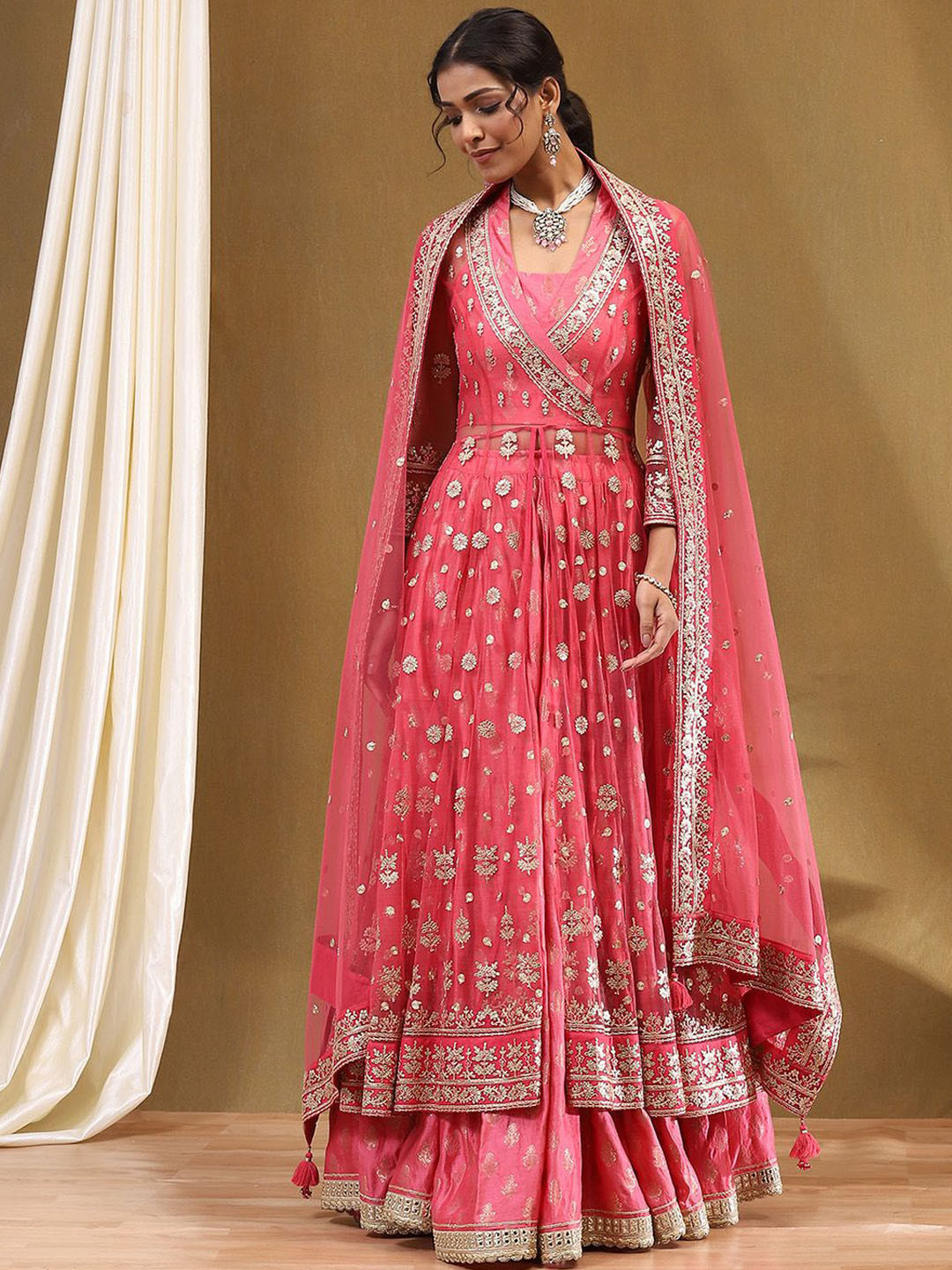 

Biba Embroidered Net Ready to Wear Lehenga With Choli & Dupatta, Pink