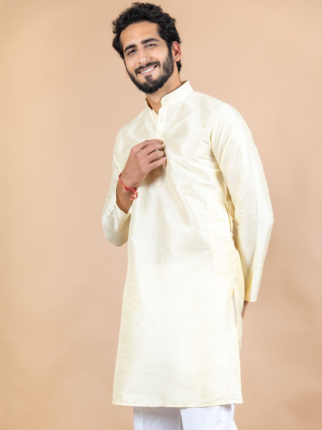 

Tistabene Woven Design Mandarin Collar Silk Straight Kurta, Yellow