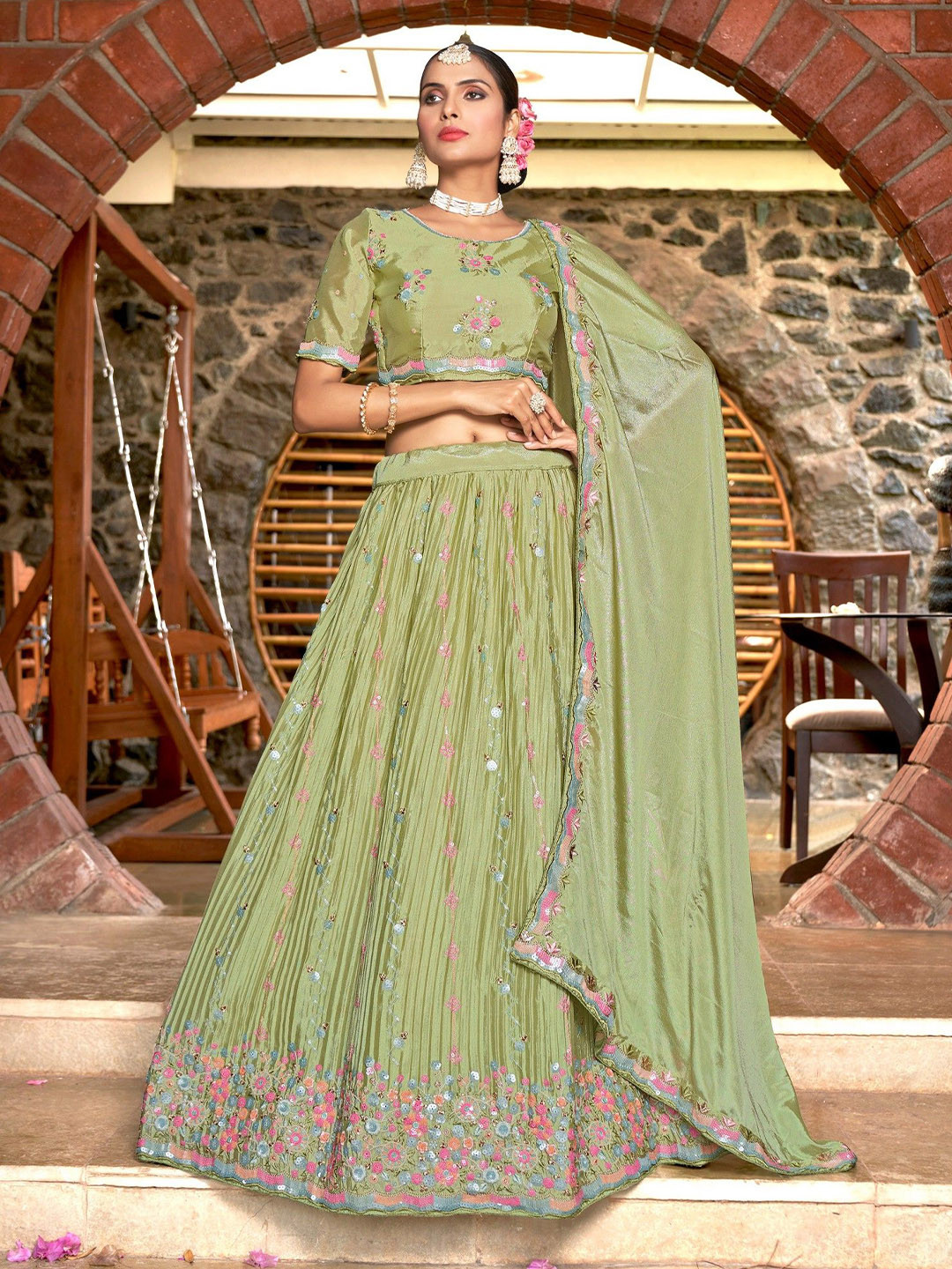 

VARNI FABRICS Embroidered Semi-Stitched Lehenga & Unstitched Blouse With Dupatta, Green