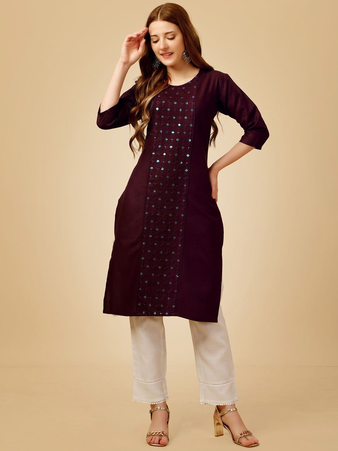 

WILNERCROWN Women Ethnic Motifs Embroidered Regular Kurta with Trousers, Purple