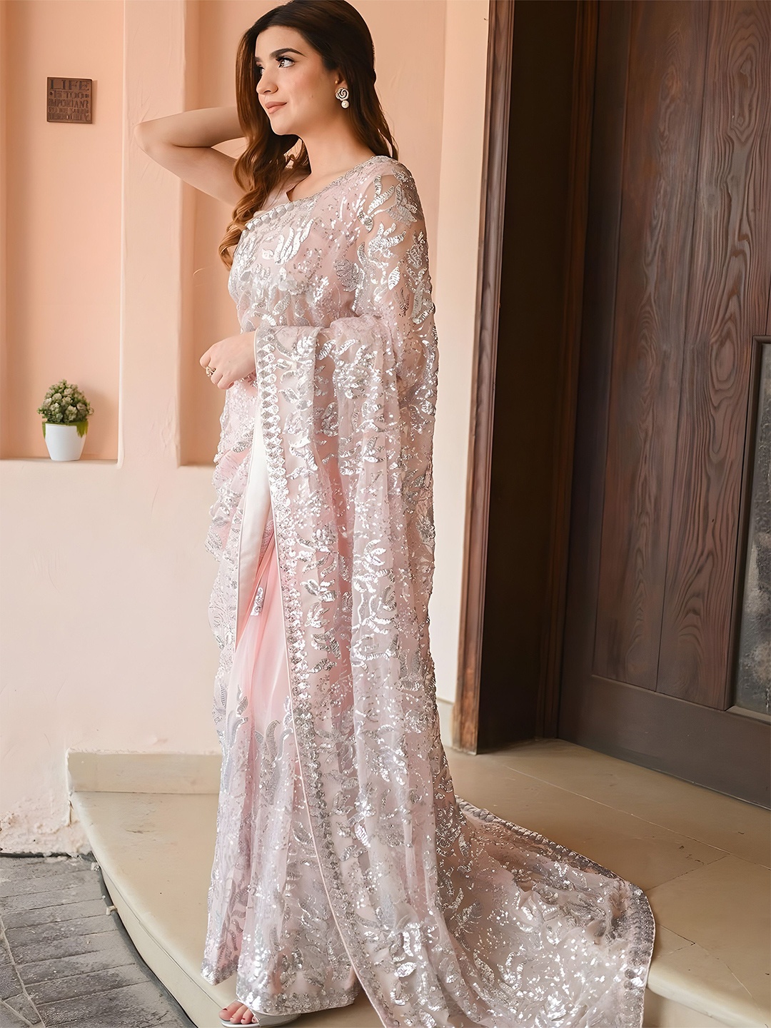 

Anouk Floral Sequinned Poly Georgette Saree, Nude