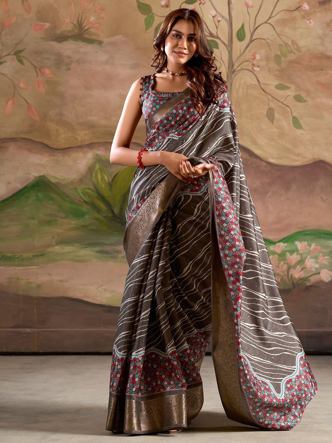 

Mitera Floral Zari Art Silk Banarasi Saree, Brown