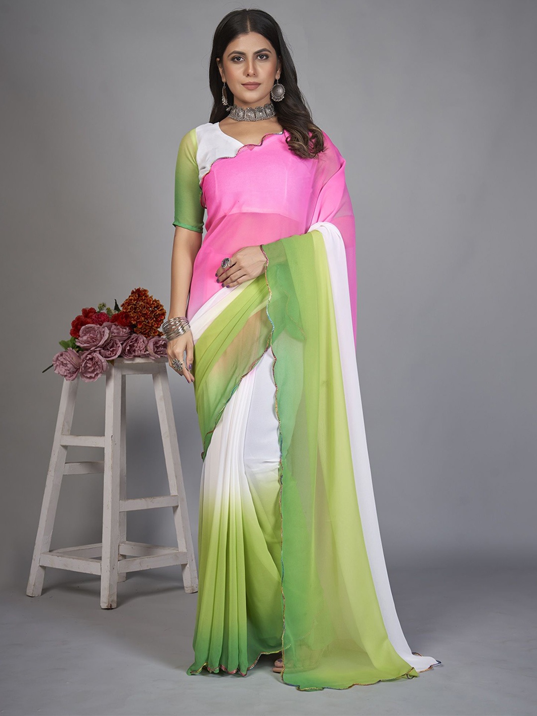 

Aika Colourblocked Pure Georgette Half and Half Saree, Pink