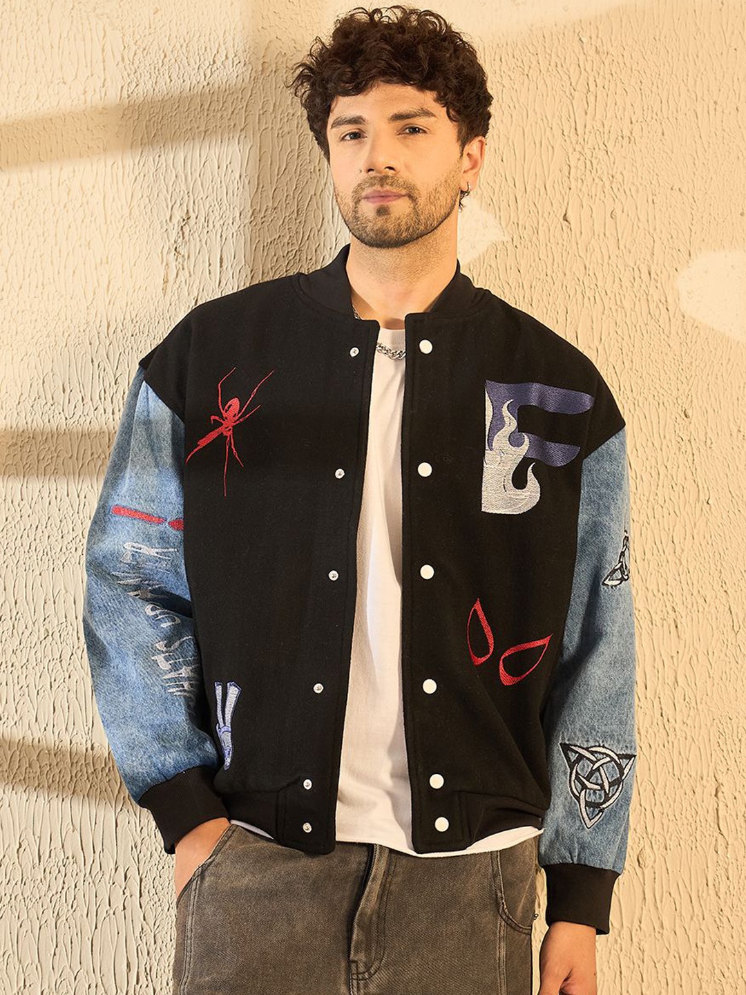 

FUGAZEE Men Woollen Bomber with Patchwork Jacket, Black