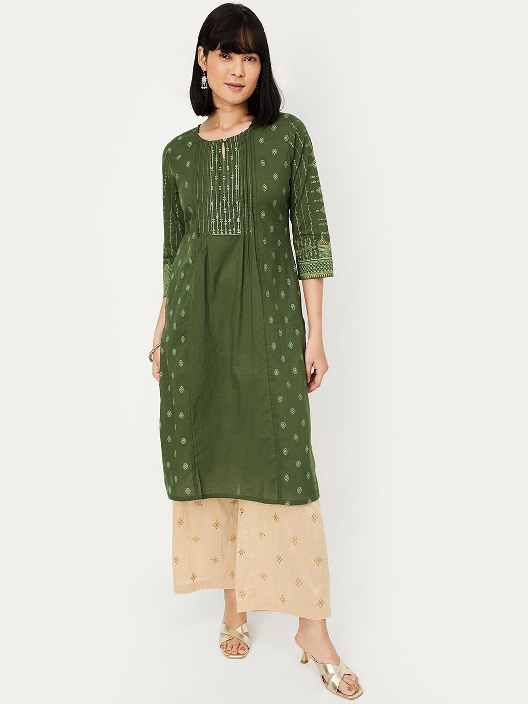 

max Geometric Printed Regular Cotton Straight Kurta, Olive