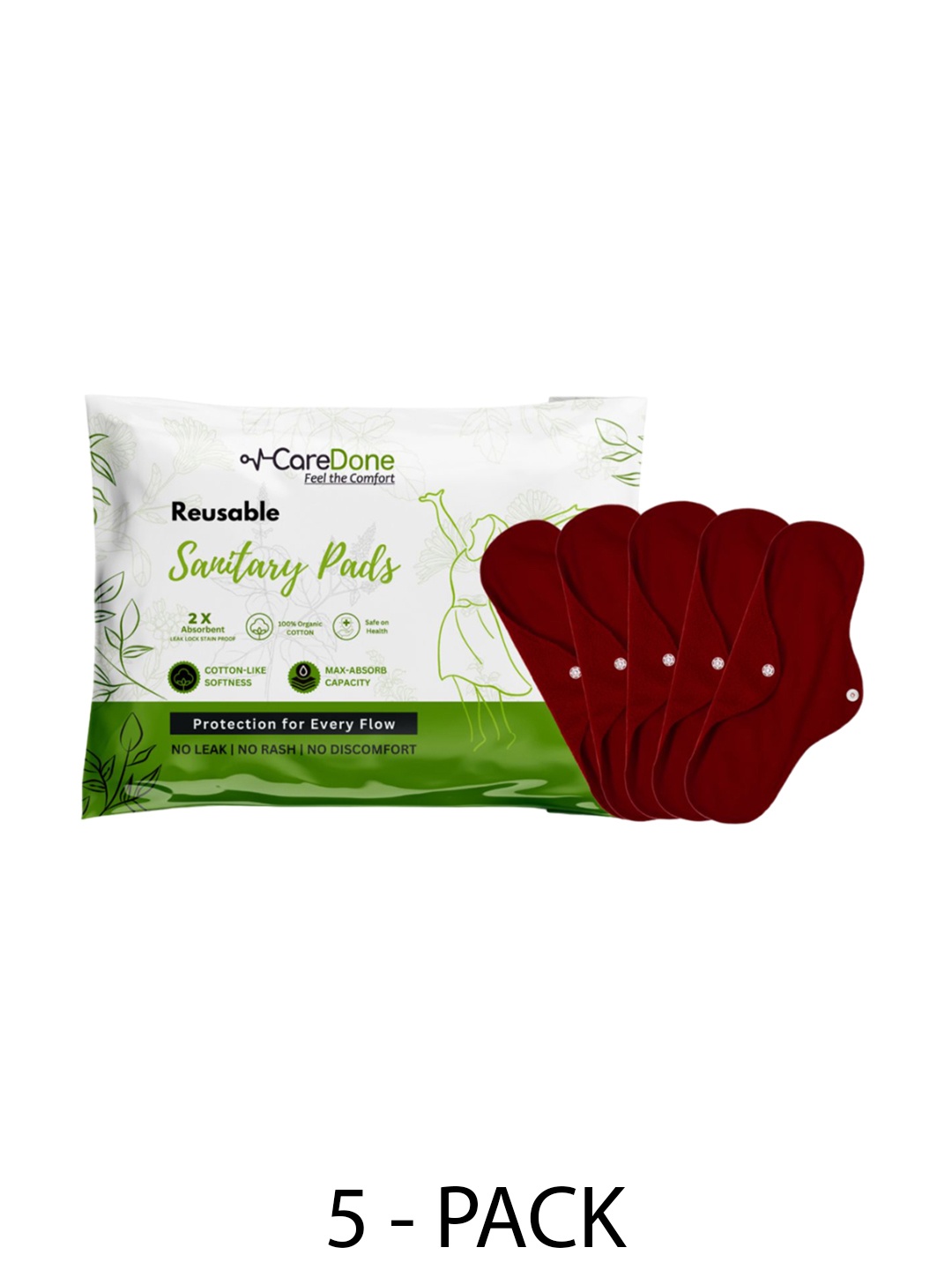 

CareDone Set Of 5 Reusable 100% Organic Cotton Sanitary Cloth Pads - XL, Maroon