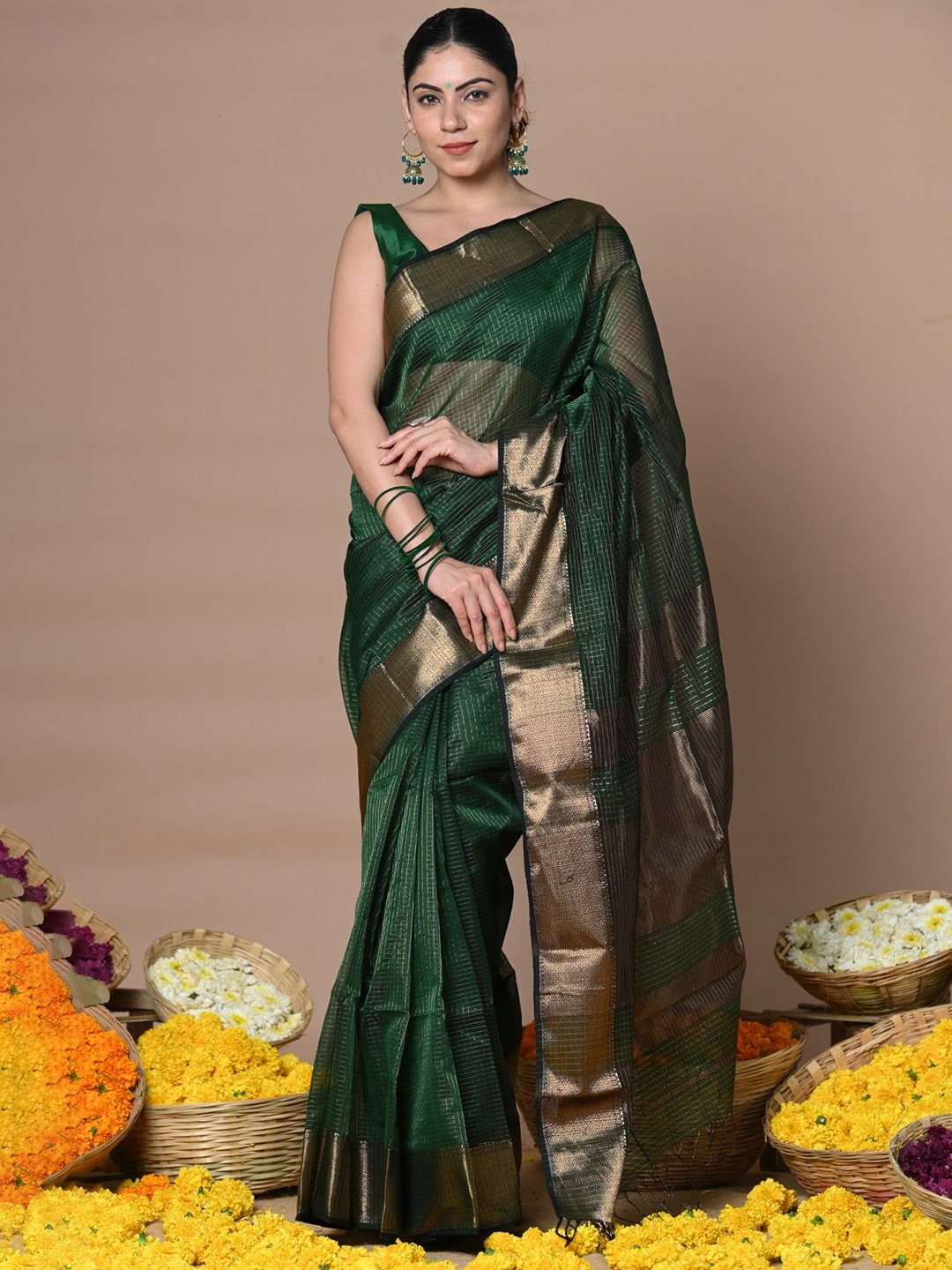 

Very Much Indian Checked Zari Handloom Saree, Green