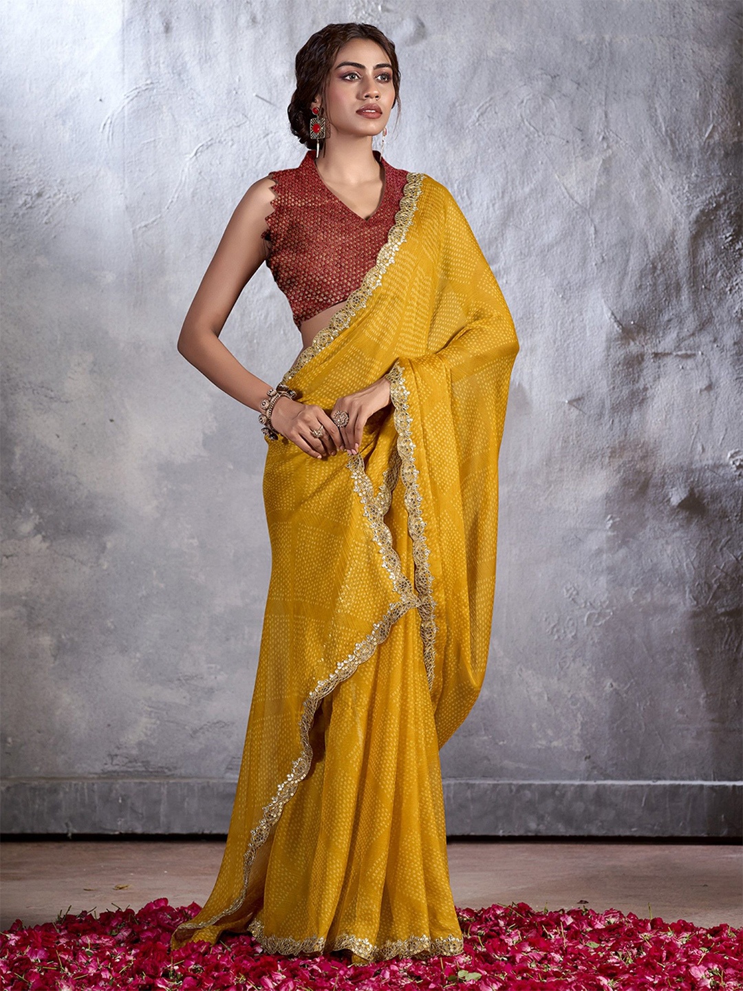 

KALINI Bandhani Sequinned Poly Chiffon Saree, Mustard