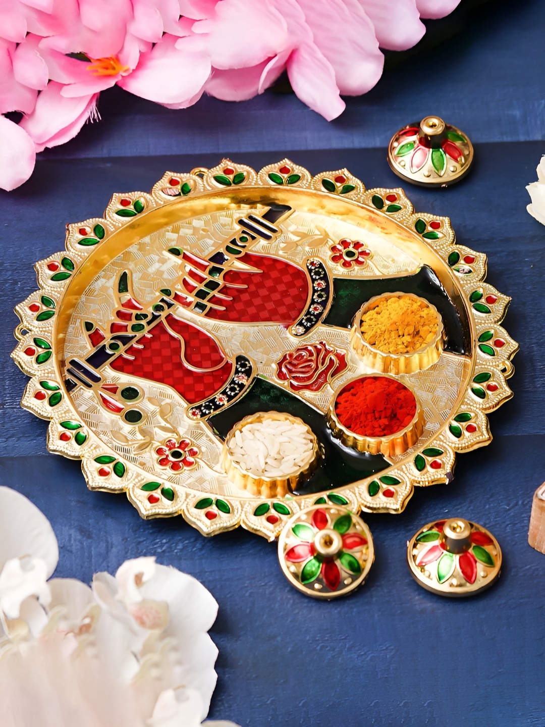 

eCraftIndia Red & Gold-Plated Textured Krishna with Flute Decorative Pooja Thali