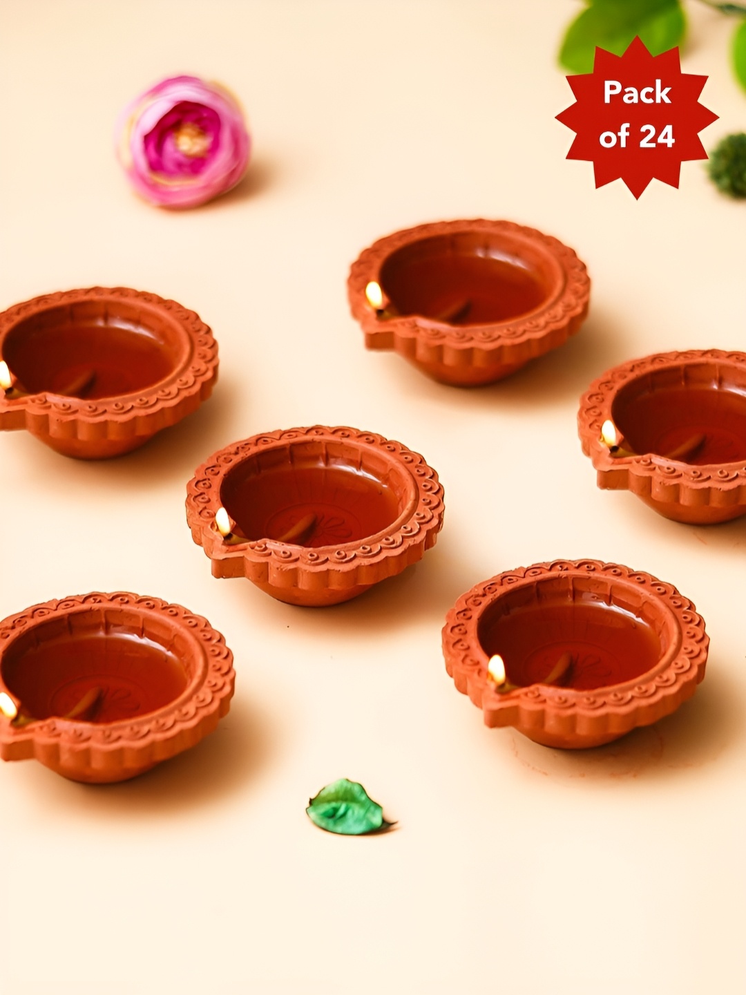 

eCraftIndia Brown 24 Pieces Textured Clay Diyas