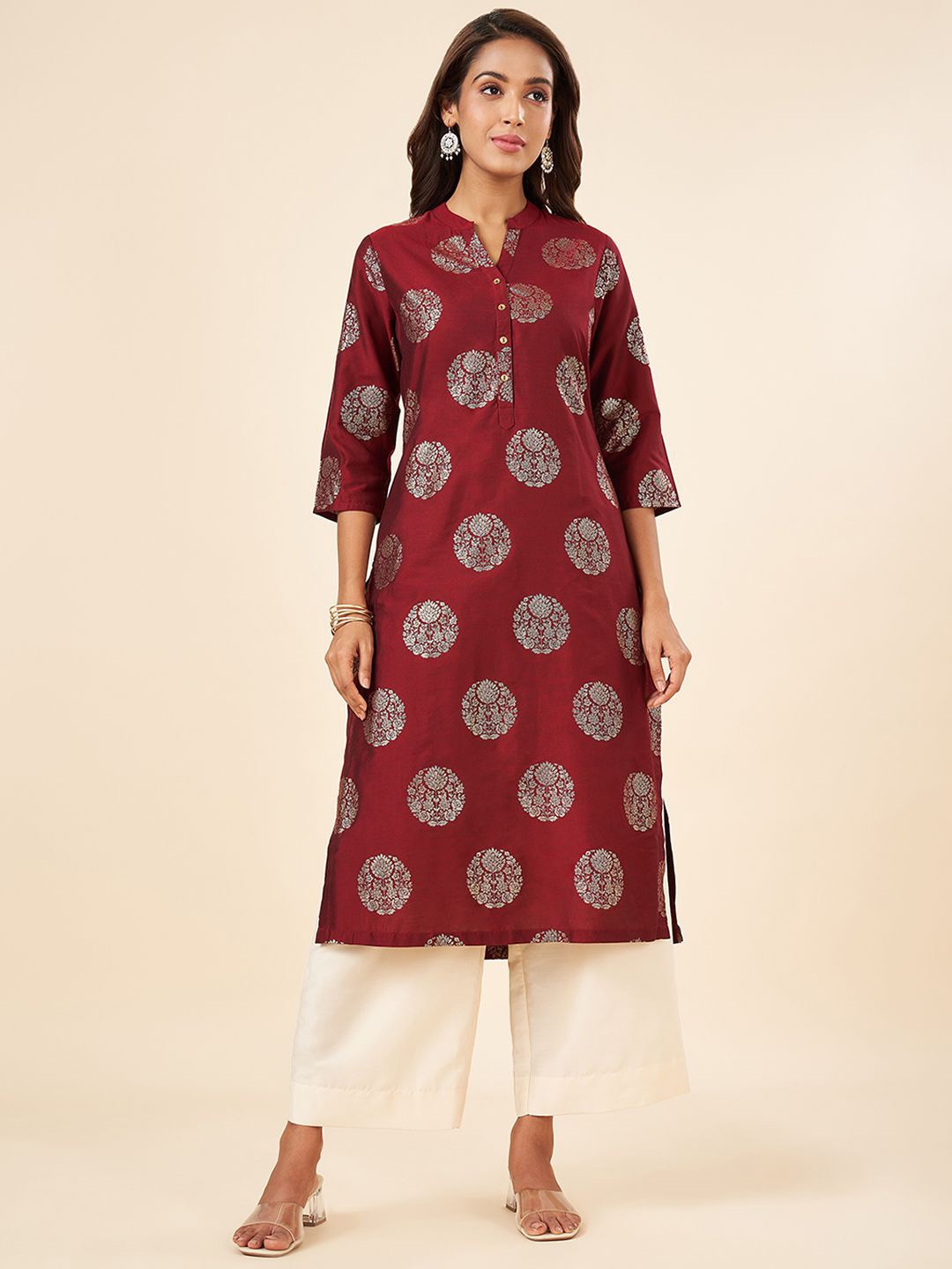 

RANGMANCH BY PANTALOONS Ethnic Motifs Printed Straight Kurta, Red
