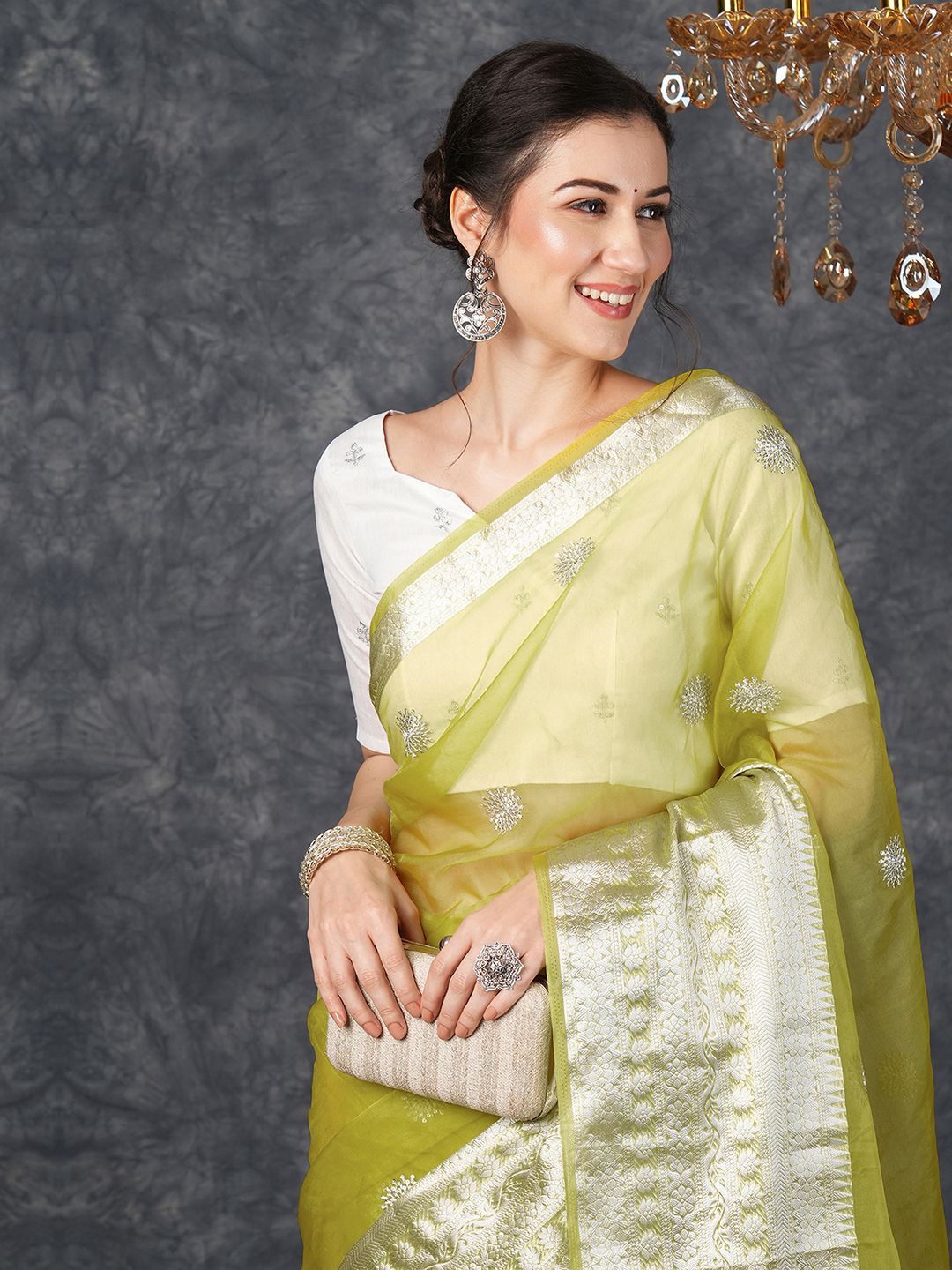 

Satrani Woven Design Sequinned Organza Banarasi Saree, Green