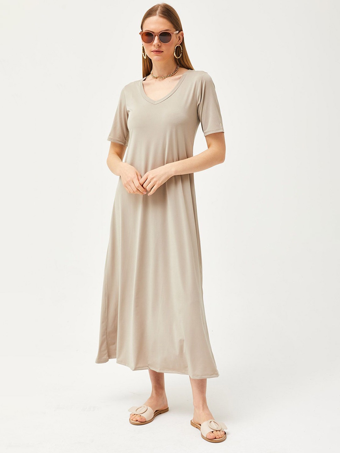 

Olalook Women A-Line Cotton Midi Dress, Beige