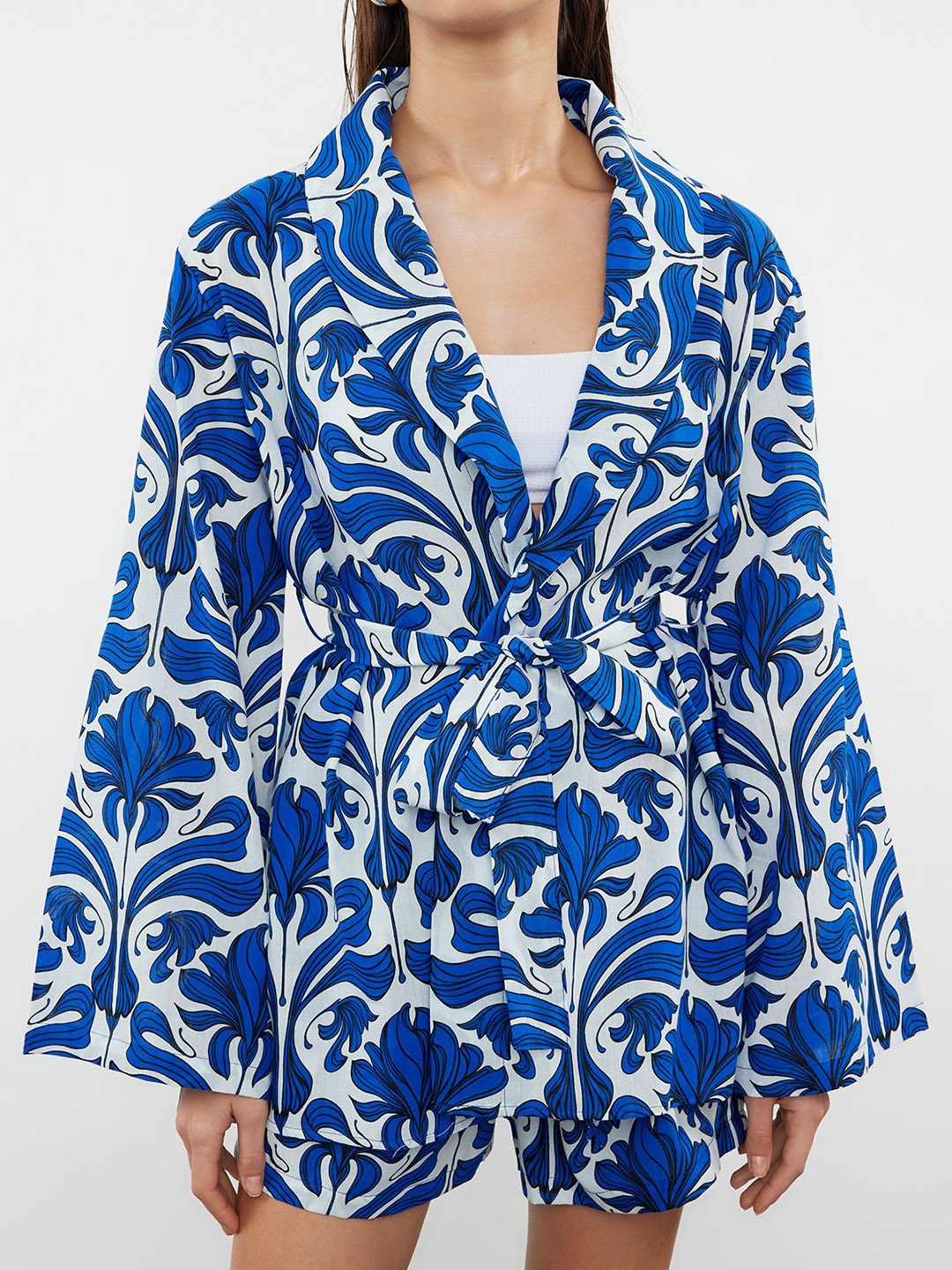 

Trendyol Floral Printed Pure Cotton Shirt With Shorts, Blue