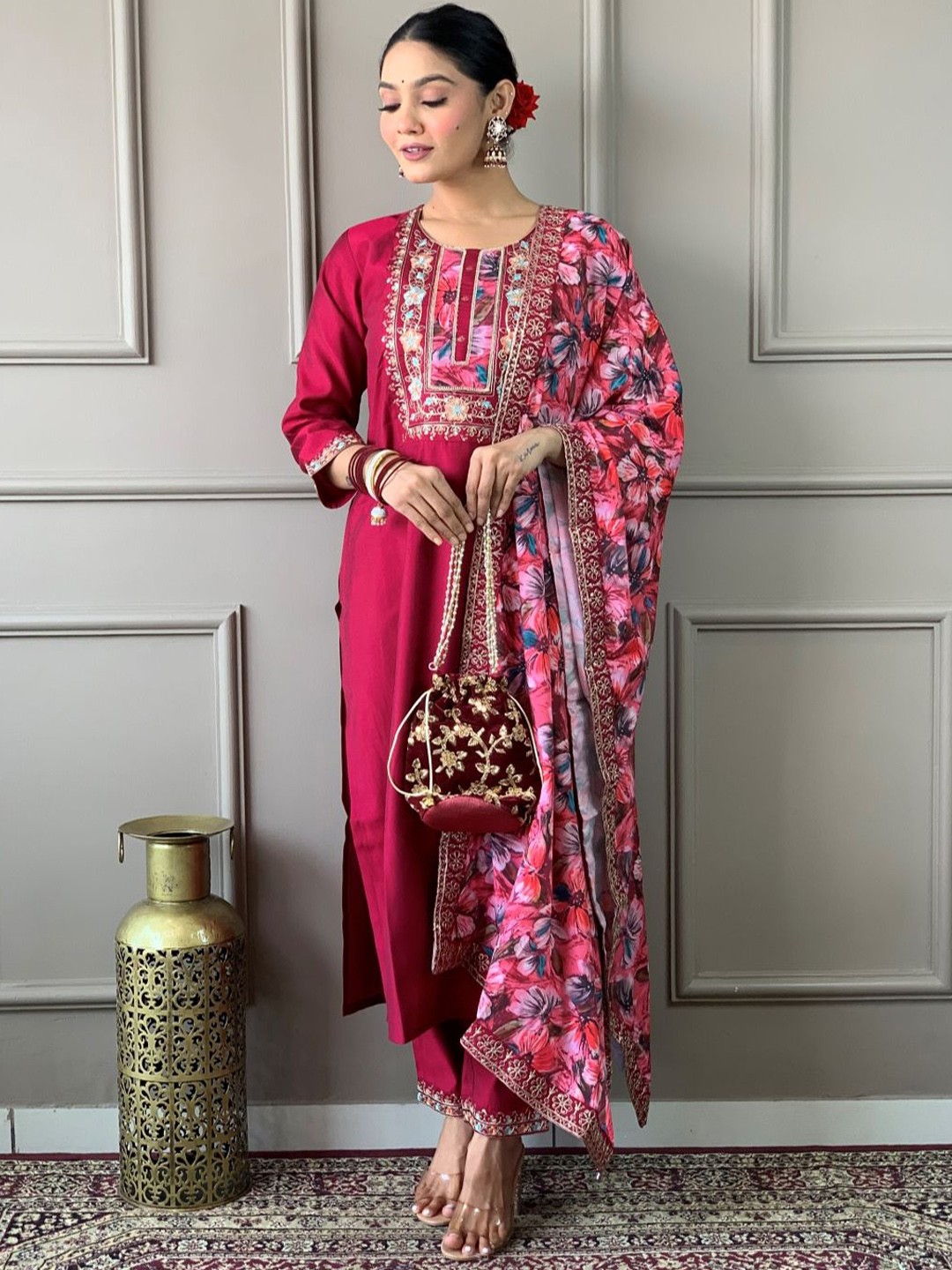 

KALINI Floral Yoke Design Thread Work Chanderi Silk Straight Kurta & Trousers & Dupatta, Pink