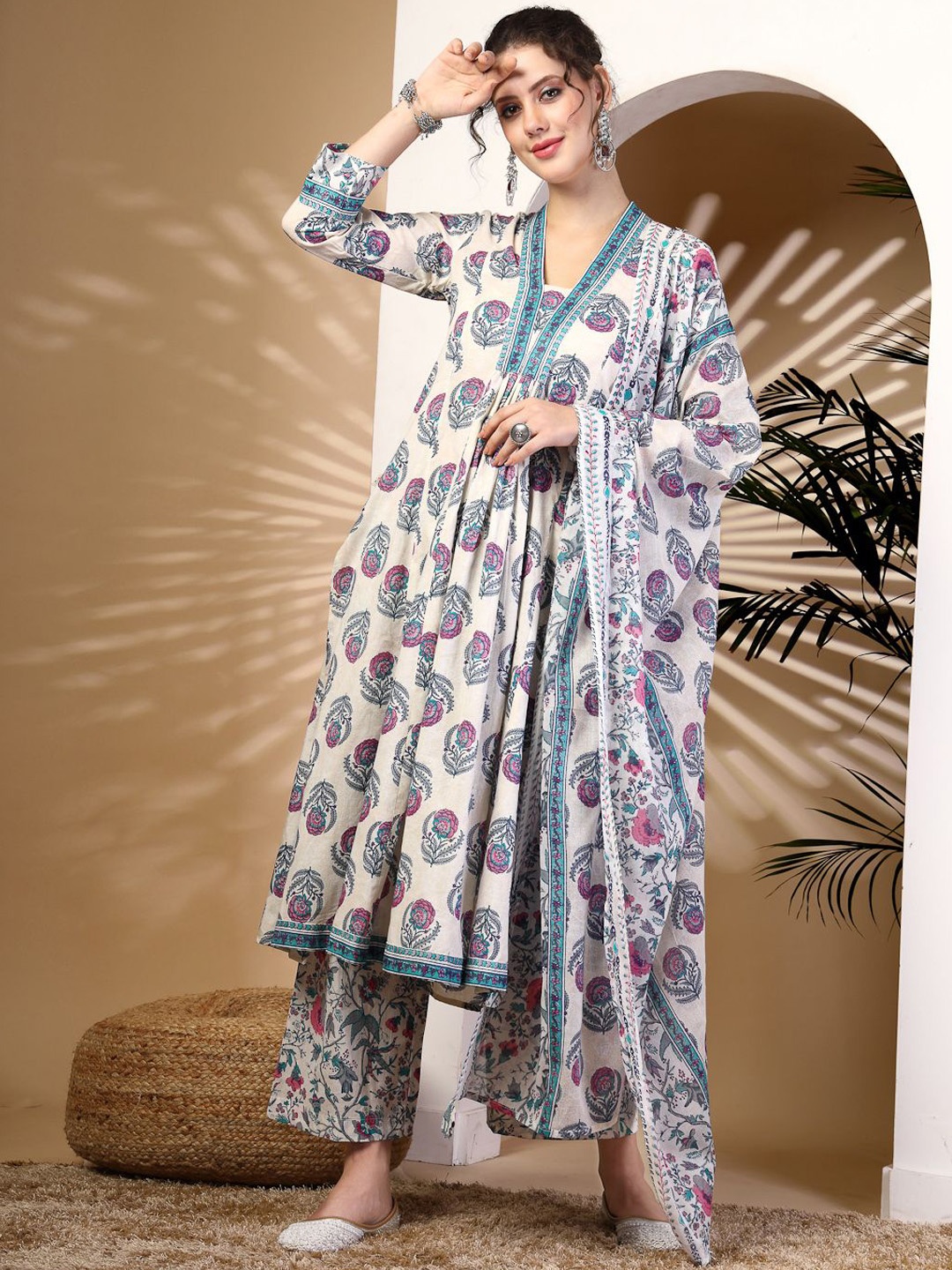 

GULMOHAR JAIPUR Floral Printed Pleated Pure Cotton Straight Kurta With Palazzos & Dupatta, Blue