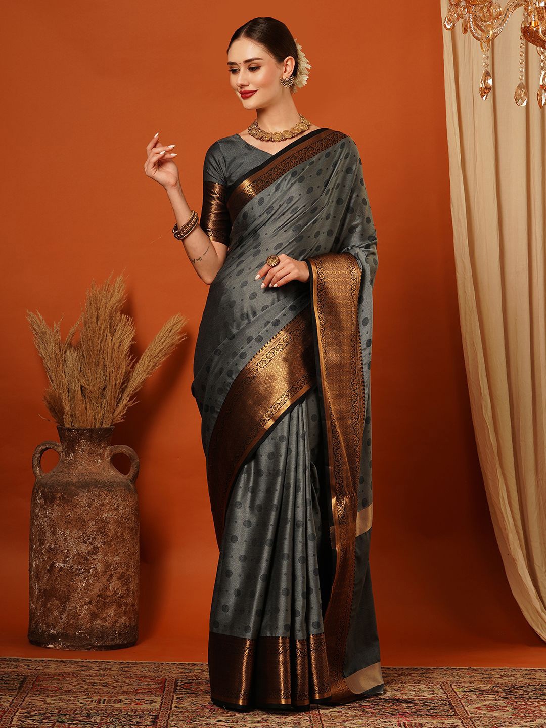 

KALINI Zari Pure Silk Mysore Silk Saree, Grey
