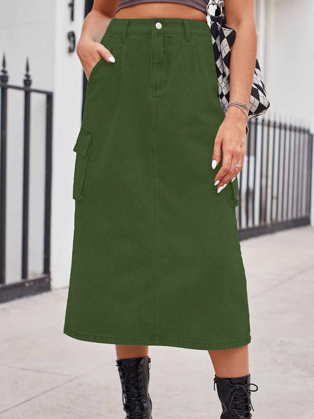 

StyleCast Denim Midi A-Line Skirt, Green
