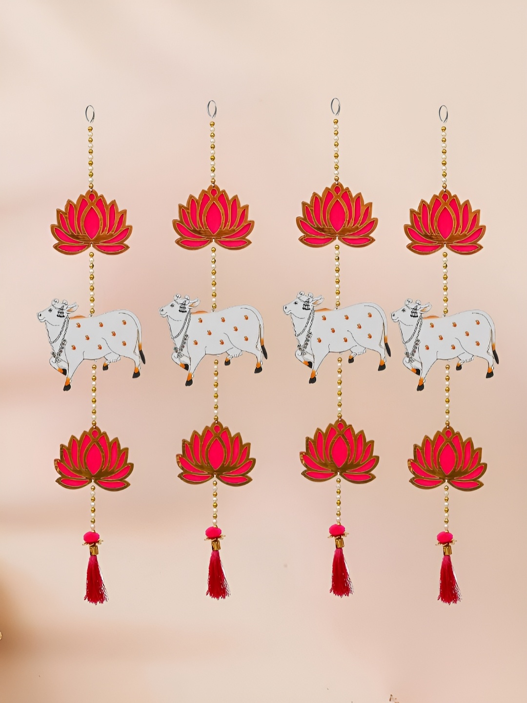 

eCraftIndia Pink & White 4 Pieces Lotus & Cow Decorative Wall Hangings
