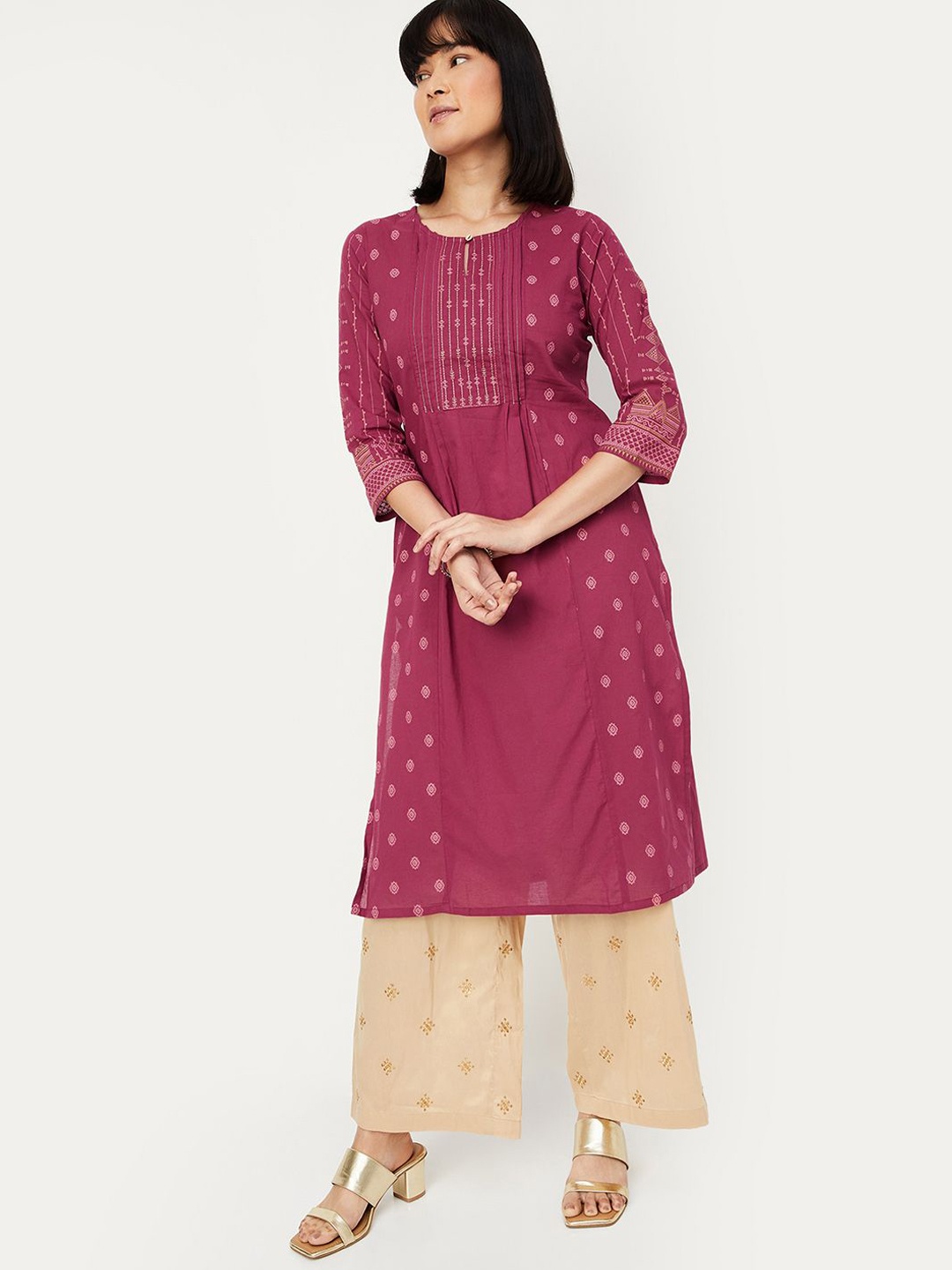 

max Ethnic Motifs Printed Regular Cotton Thread Work Straight Kurta, Red