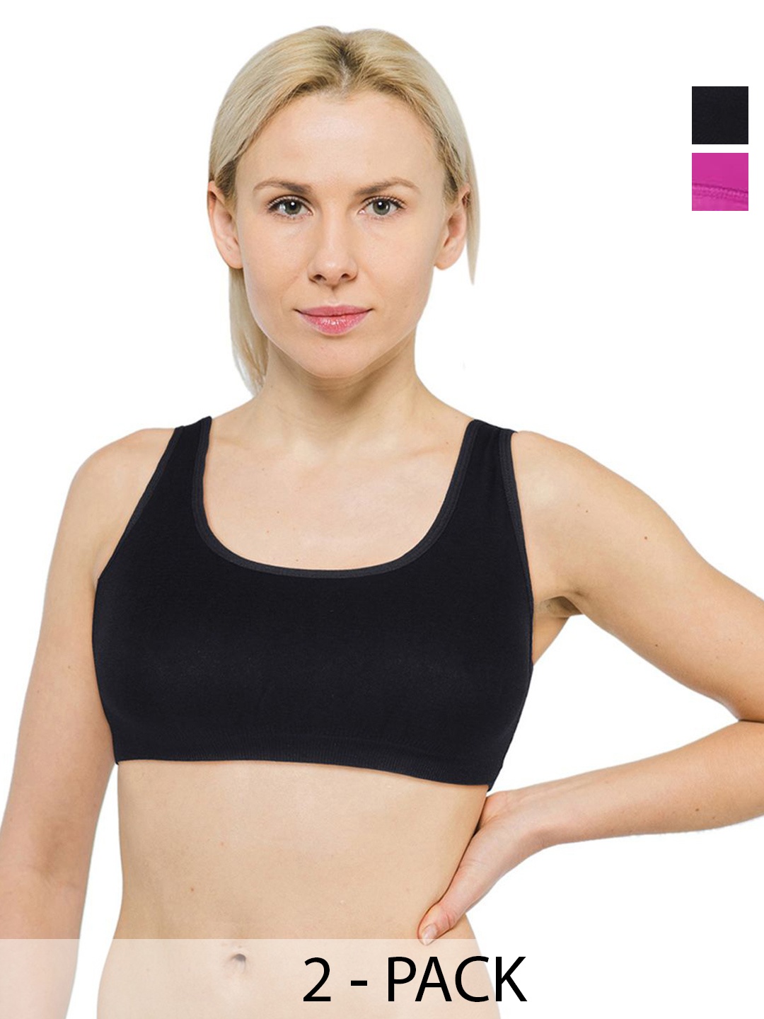 

INDIROCKS Pack Of 2 Cotton Non Padded Non-Wired Full Coverge Workout Sport Bra, Black