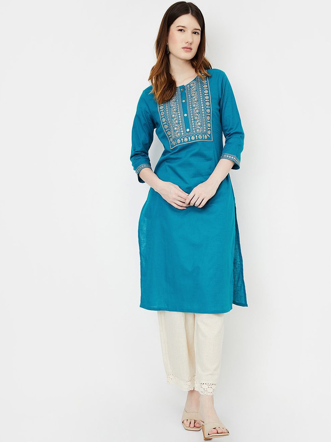 

max Floral Embroidered Round Neck Regular Sequinned Straight Kurta, Blue