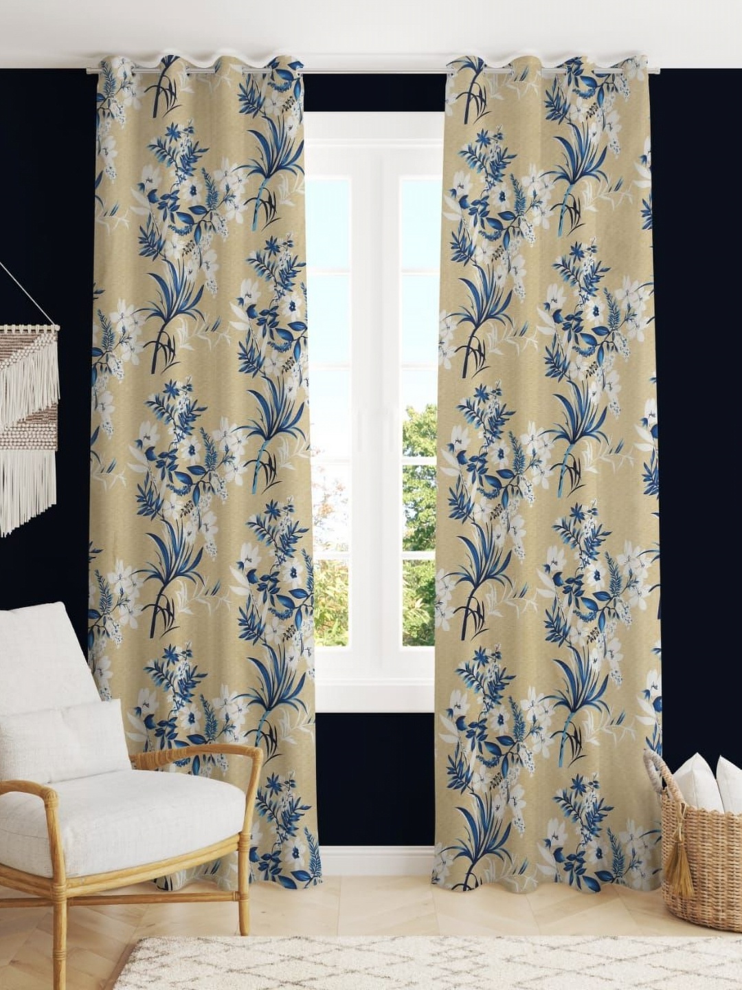 

RIDHAAN Blue & Beige 2 Pieces Floral Room Darkening Long Door Curtain