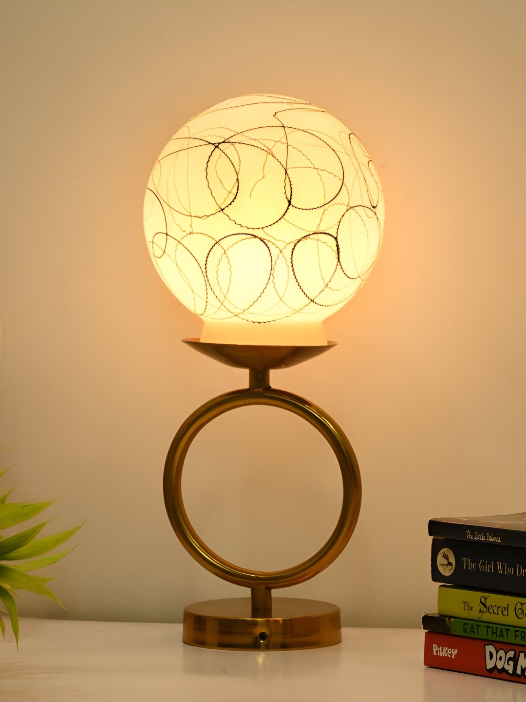 

Afast White & Gold Toned Printed Spherical Glass Table Lamp With Adjustable Cord