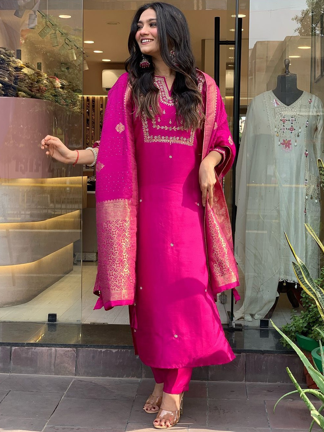 

KALINI Floral Embroidered Chanderi Silk Anarkali Kurta With Trouser & Dupatta, Pink